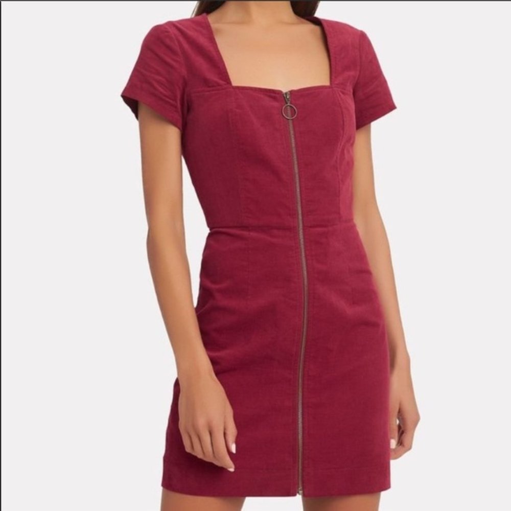 Square Neck Zip-Front Burgundy Mini Dress